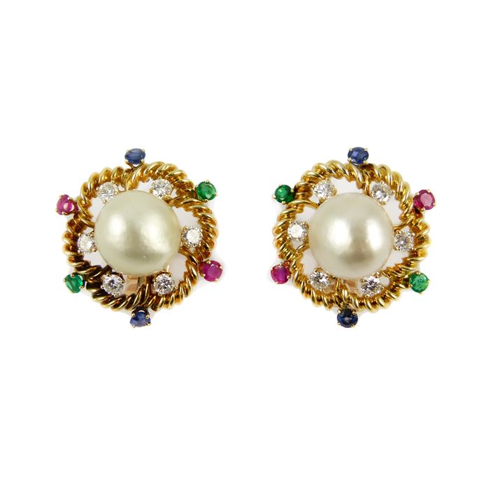 Pair of bouton pearl, gold and gem set cluster earrings | MasterArt